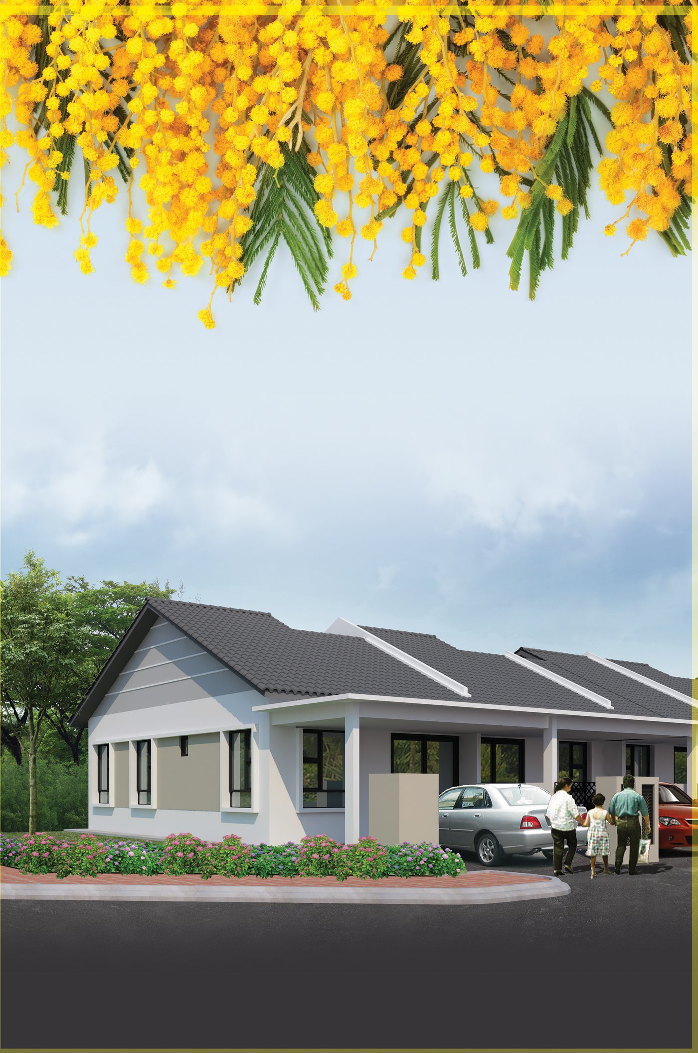 Rumah teres setingkat Akasia dengan taman berbunga dan anjung kereta